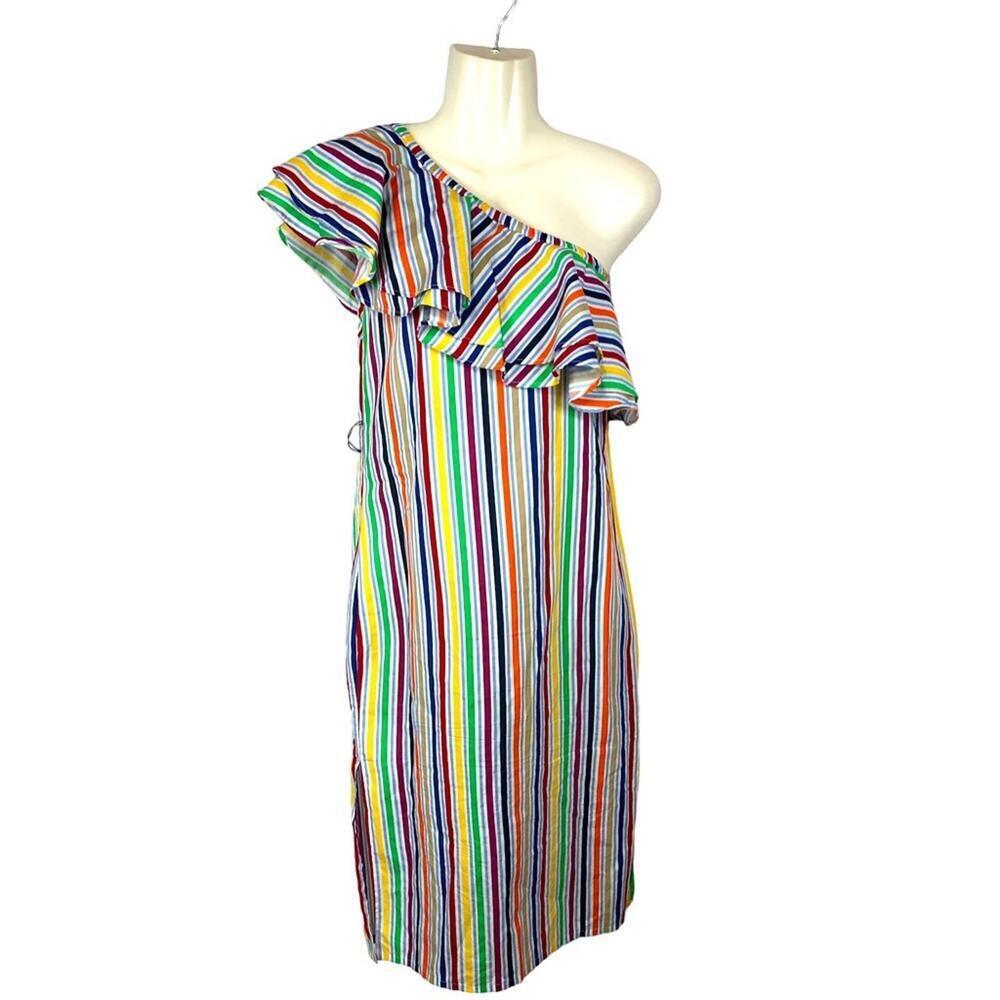 ASOS Women’s Dress One Shoulder Double Ruffle Stripe Multicolor Column